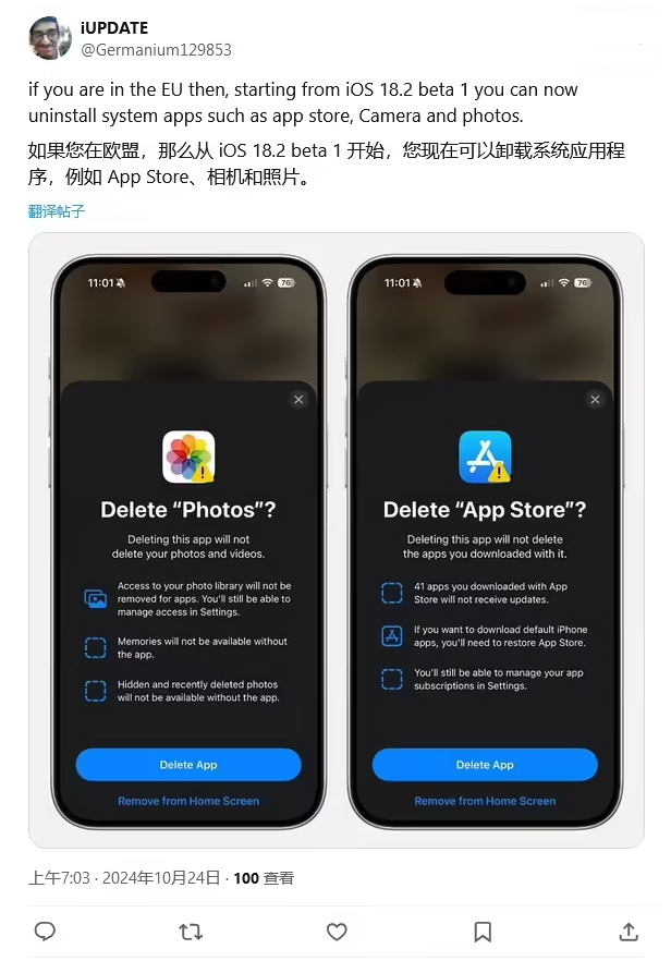 保德苹果手机维修分享iOS 18.2 支持删除 App Store 应用商店 